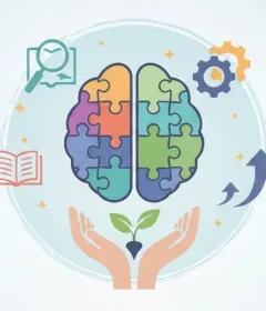 ilustración de cerebro dividido por colores con manos sosteniéndolo